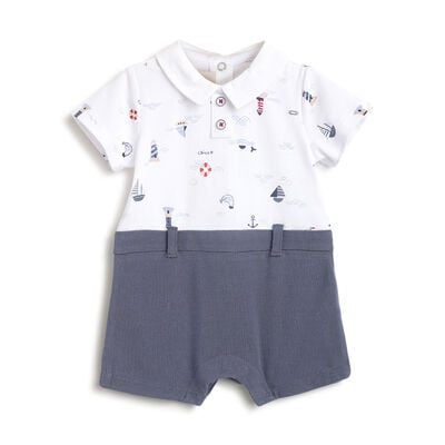Boys Dark Light Blue Printed Short Sleeve Rompers